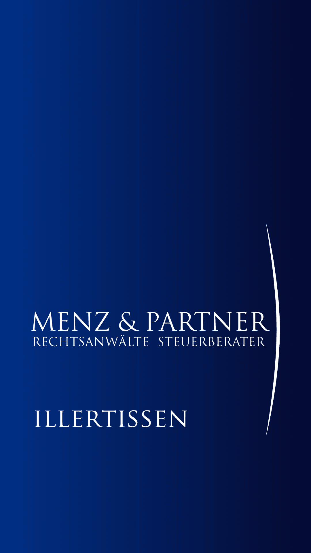 Logo der Kanzlei Menz und Partner auf blauem Hintergrund und Schrift: Illertissen