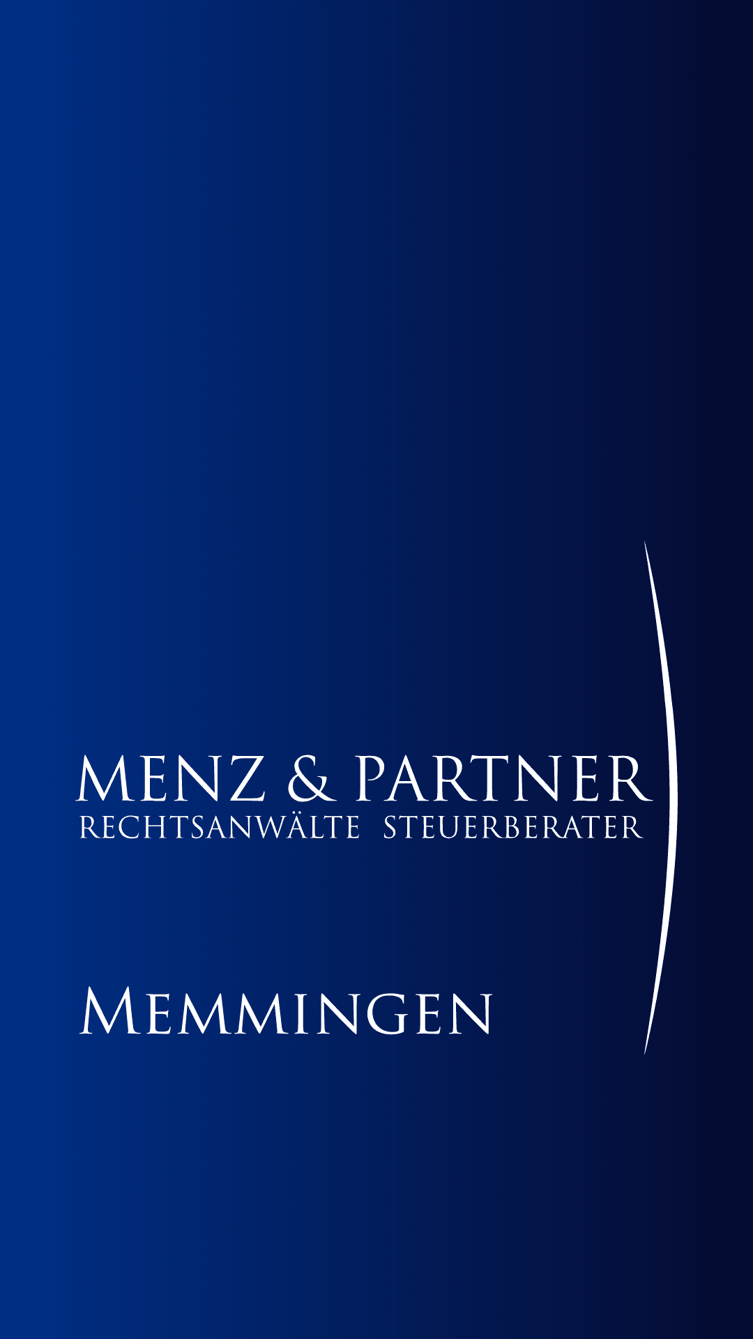 Logo der Kanzlei Menz und Partner auf blauem Hintergrund und Schrift: Memmingen