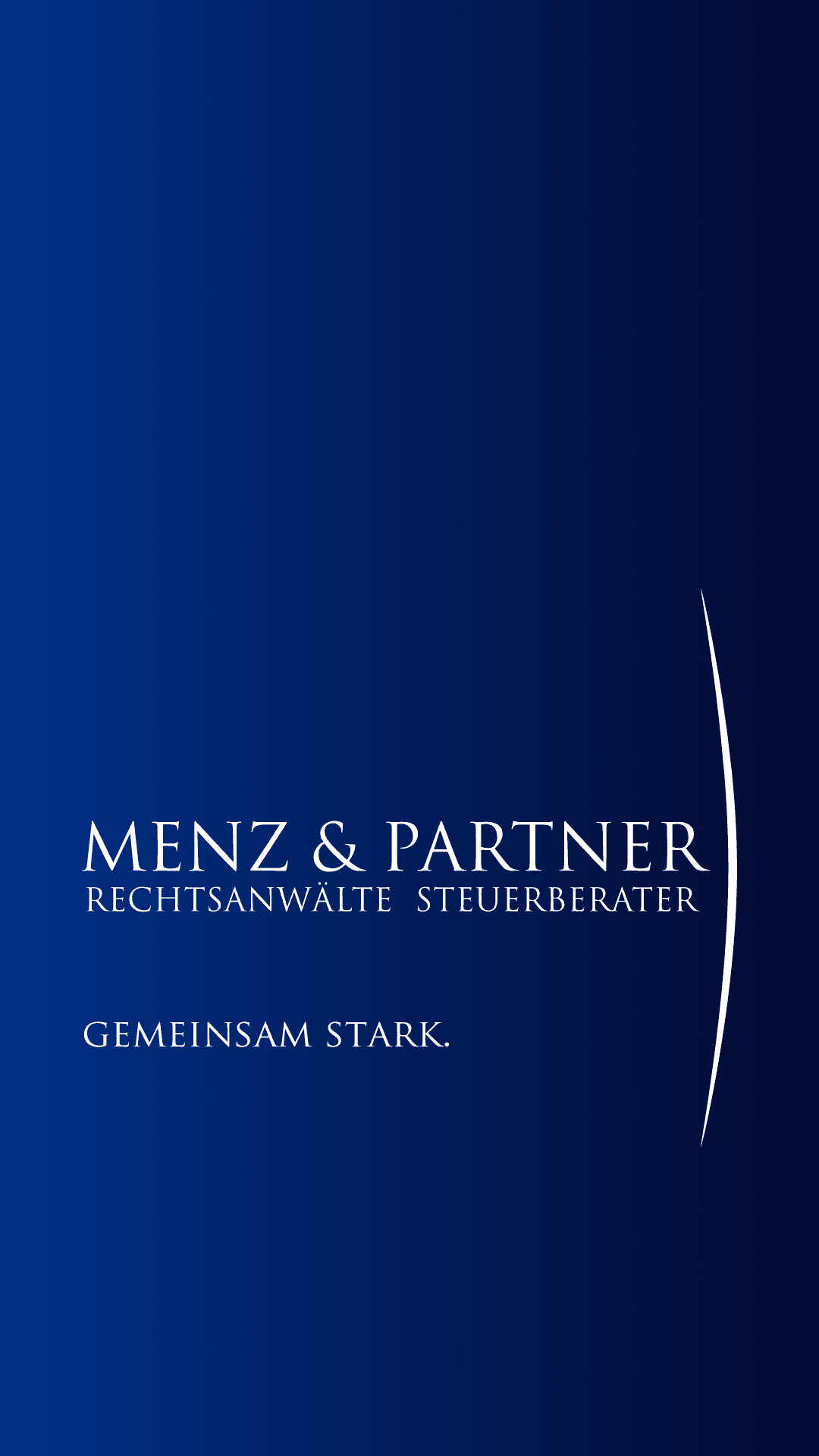 Logo der Kanzlei Menz und Partner auf blauem Hintergrund mit Kanzleimotto "gemeinsam stark"